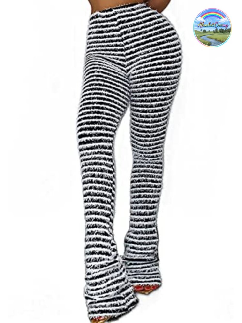 High Waist Fuzzy Knit Bell Bottom Pants Striped Flared Sweatpants